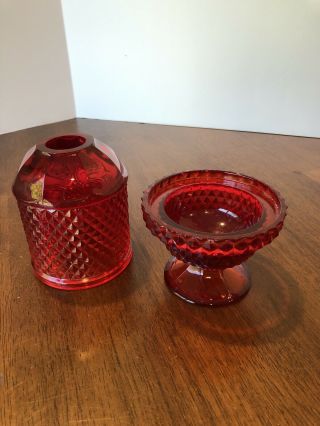 Rare Vintage VIKING Red Orange Amberina Diamond Point Glass Fairy Lamp Manganese 3