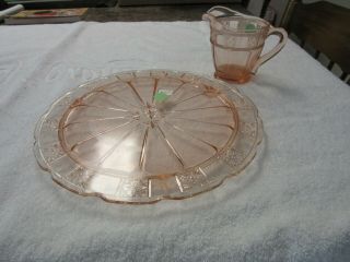 Doric Depression Glass Pink Cake Plate Footed 10 " And Creamer 4 "