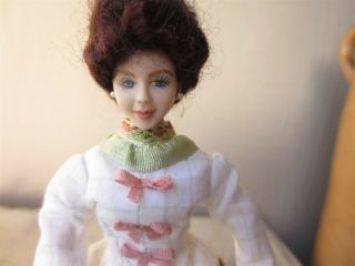 Dollhouse Miniature Artisan Porcelain 6 " Lady Doll In Ruffle & Bow Dress