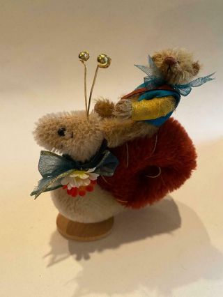 Deb Canham " Hurry Up " Miniature Mohair Bear Riding A Mohair Snail - 5 " 2004