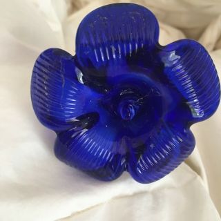 Murano Art Glass Flower,  Blue Petals And A Small Stamen,  Green Stem 19 1/2 "