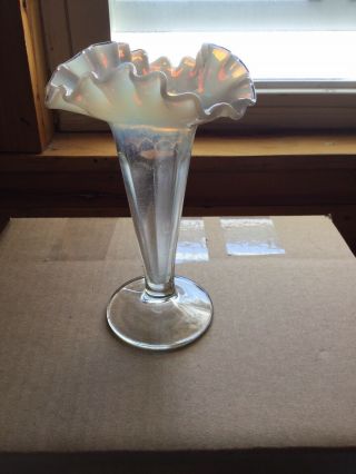 Vintage Fenton Moonstone White Opalescent Vase With Ruffled Top Edge Clear Glass