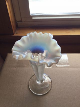 Vintage Fenton Moonstone White Opalescent Vase with Ruffled Top Edge CLEAR GLASS 2