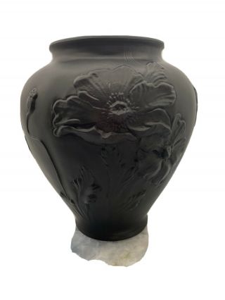 Tiffin Black Amethyst Satin Poppy Embossed Vase 8.  5 Inch Tall