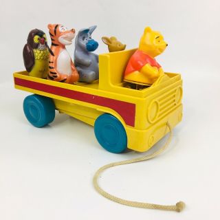 Vintage Winnie The Pooh Truck Pull Toy Walt Disney With Shaped Seats