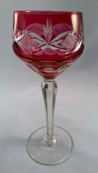 Vintage 6 Oz.  Bohemian Cranberry Cut - To - Clear Crystal Wine Glass