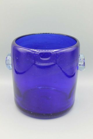 Vintage Cobalt Blue Blown Glass Ice Bucket With Clear Handles