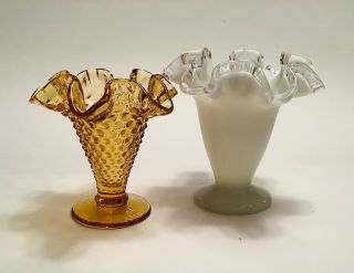 Two Fenton Trumpet Vases Ruffled & Crimped Rims Silvercrest & Amber Hobnail