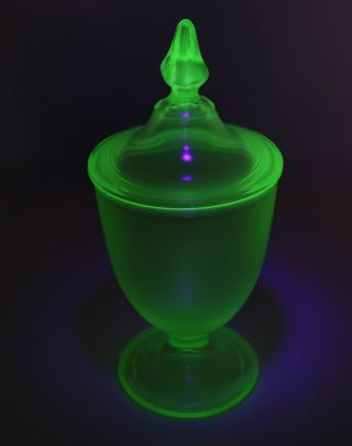 Vintage Art Deco Iridescent Fenial Optic Green Candy Dish W/ Lid Uranium Glass