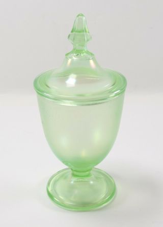 Vintage Art Deco Iridescent Fenial Optic Green Candy Dish w/ Lid Uranium Glass 2