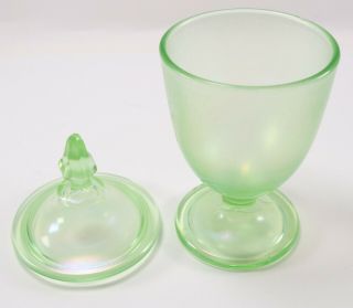 Vintage Art Deco Iridescent Fenial Optic Green Candy Dish w/ Lid Uranium Glass 3
