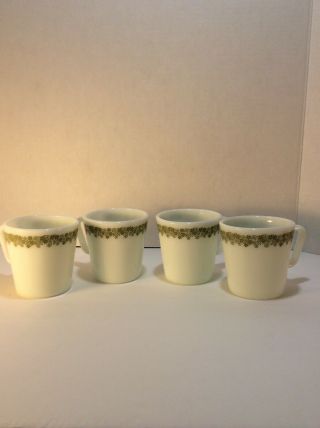 Vintage Pyrex Crazy Daisy Spring Blossom Green Coffee Cups/mugs Milk Glass