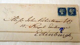 2x 1840 Gb Qv 2d Blue On Cover Sg5 Plate 1 From Glasgow To Edinburgh March 1842