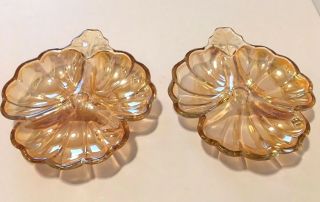 Vintage Pair Jeannette Marigold Iridescent Glass Doric Pattern 3 Part Dish