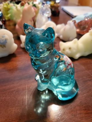 Fenton Aquamarine With Hand Painted Red Rose And Gold Leaves Cat