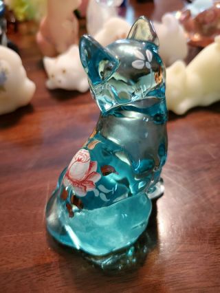 Fenton Aquamarine with Hand Painted Red Rose and Gold Leaves Cat 3
