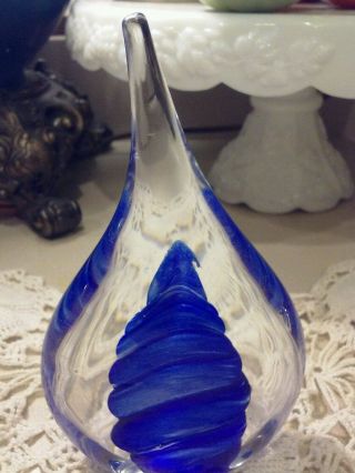 Large Vtg.  Cobalt Blue & Clear Tear Drop Art Glass Paperweight " Signed M.  P.