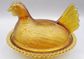 Vintage Indiana Glass Amber Hen On Nest Covered Dish Lid 7 " Bowl
