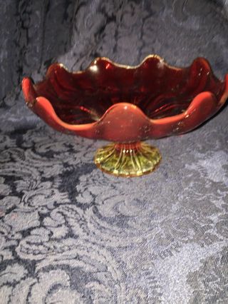 Vintage Red Yellow Amberina Ruffled Edge Glass Footed Pedestal Compote Bowl Dish