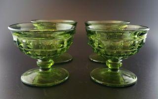 Vintage Set Of 4 Indiana Green Glass Whitehall Cubist Footed Dessert Cups Dish