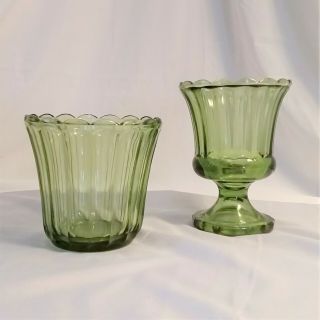 2 Vintage Pressed Glass Green Compote Candy Dish Bowl