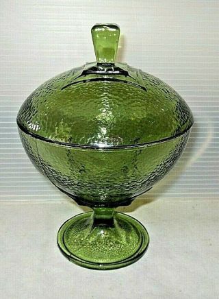 Mid Century Vintage Hazel Atlas Capri Colony Green Glass Lidded Candy Dish 7.  5 "