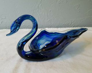 Vintage Blue Pulled Or Blown Glass Swan Candy Dish