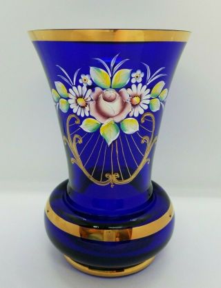 Bohemian Cobalt Blue Hand Painted Glass Vase With Gold Gilding,  Flowers
