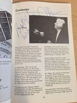 Henry Mazer Conductor Signed Cso Solti Program 1978 - 1979