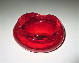 Vtg Mid Century Modern Form Ruby Red Glass Controlled Bubbles Ashtray Bowl