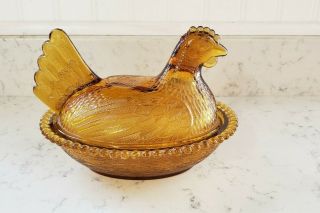 Vintage Indiana Glass Hen On Nest Amber Brown Yellow Dish Chicken Kitchen
