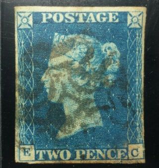 1840 Sg5 2d Two Pence Blue Letters Ec,  4 Margins,  Plate 2 With Minor Faults.