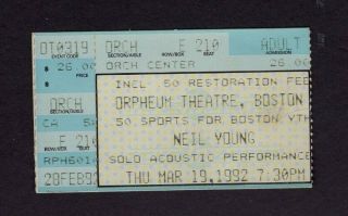 1992 Neil Young Solo Concert Ticket Stub Orpheum Theatre Boston Ma