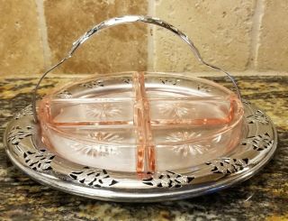Pink Depression Glass Divided Candy Relish Dish W/chrome Rim & Handle - Caddy