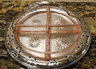 Pink Depression Glass Divided Candy Relish Dish w/Chrome Rim & Handle - Caddy 2