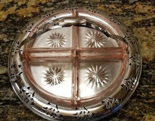 Pink Depression Glass Divided Candy Relish Dish w/Chrome Rim & Handle - Caddy 3