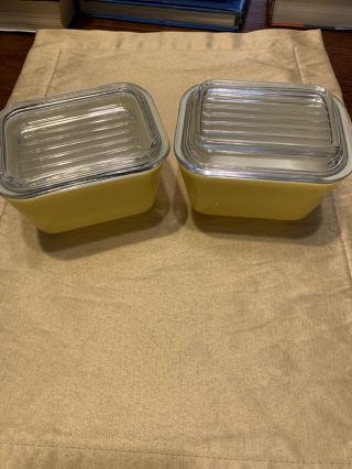 Vintage Pyrex Farmhouse Refrigerator Dishes W/ Ribbed Lids 501 Bright Yellow