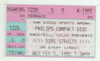 Rare Dire Straits 2/5/92 San Diego Ca Sports Arena Ticket Stub Mark Knopfler