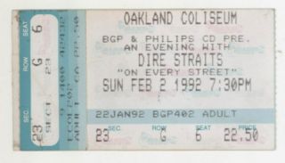 Rare Dire Straits 2/2/92 Oakland Coliseum Ticket Stub Mark Knopfler