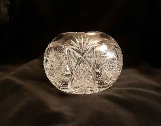 Vintage Bohemian Czech Hand Cut Crystal Round Rose Bowl Vase 6in