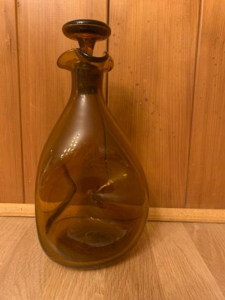 Mcm Amber Art Glass Decanter 10” Mushroom Glass Stopper Scalloped Top Vintage