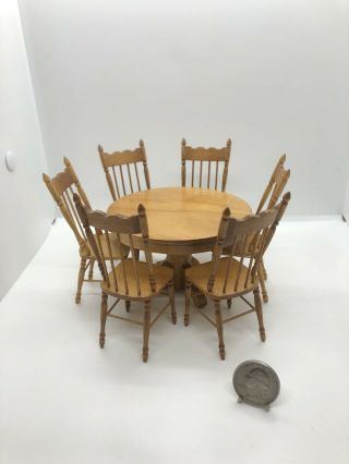 Miniature Dollhouse Furniture Wooden Table And 6 Chairs Signed By R.  L.  Carlisle