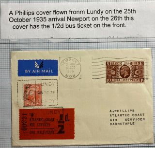 1948 Lundy Channel Island England Airmail Cover To Barnstaple With Bus Ticket