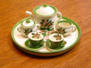 Jean Tag Green & White Porcelain Tea 10 Piece Set Artisan Dollhouse Miniature