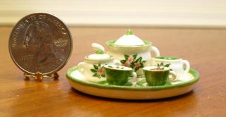 Jean Tag Green & White Porcelain Tea 10 Piece Set Artisan Dollhouse Miniature 2