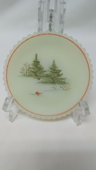 Fenton Hand Painted Mini Custard Glass Plate With Cardinal