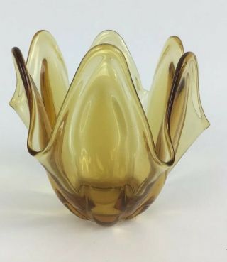 Vintage Viking Glass Amber Vase Or Candy Dish Handkerchief Bowl