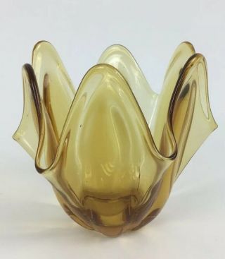 Vintage Viking Glass Amber Vase or Candy Dish Handkerchief Bowl 3