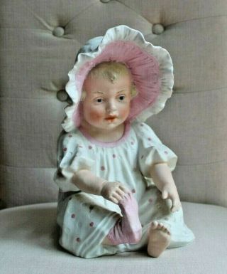 Antique Gebruder Heubach Bisque Blonde Piano Baby Girl Pink Bonnet 10 - 1/2 "