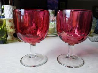 2 Bartlett Collins Cranberry Water Wine Thumbprint Glasses With Heavy Clear Stem